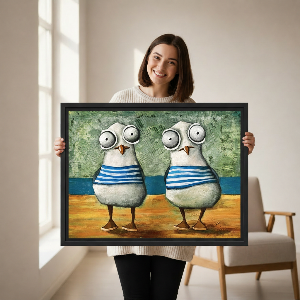 Smiling woman holding a large black framed canvas print of two funny seagulls in striped sailor outfits, showing artwork size reference
