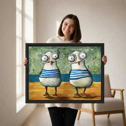 Smiling woman holding a large black framed canvas print of two funny seagulls in striped sailor outfits, showing artwork size reference