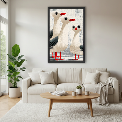 Funny seagull trio vintage framed canvas wall art hanging above cream sofa in bright Scandinavian living room