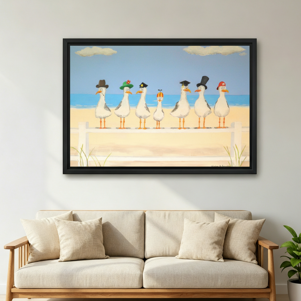 Whimsical seagulls wearing hats beach scene framed print above linen sofa, quirky coastal living room wall decor