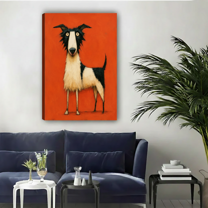 Funny shaggy dog on orange background unframed gallery wrap canvas art displayed above navy sofa with palm plant
