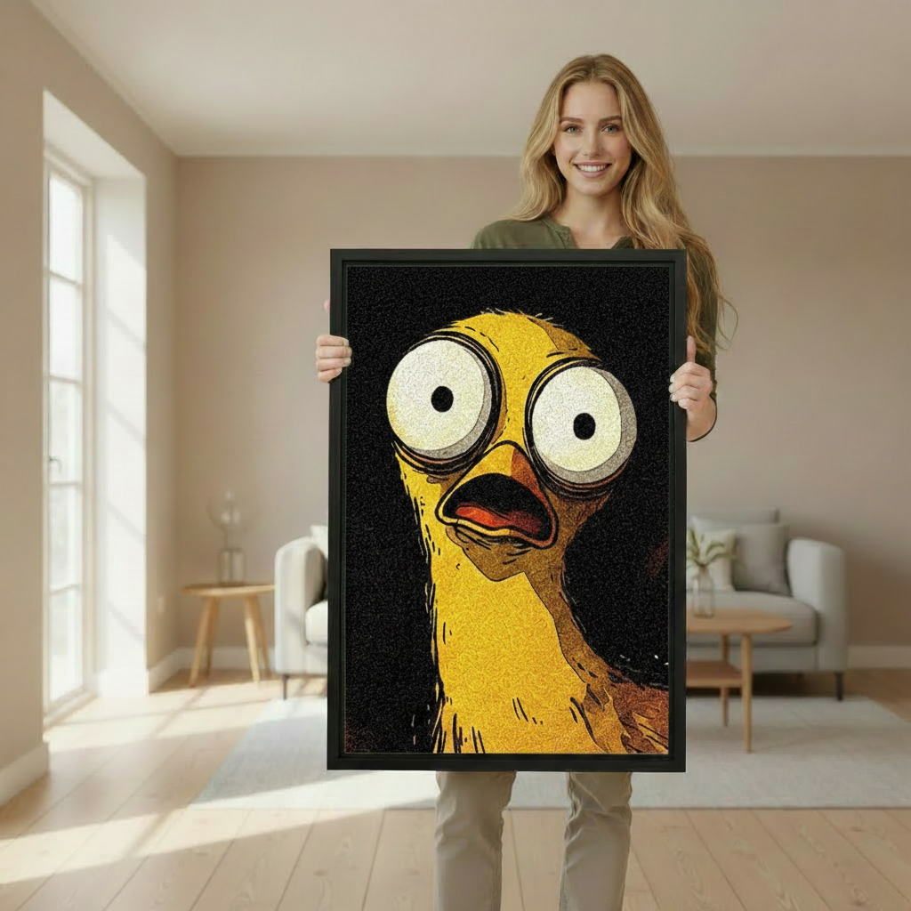 Woman holding large funny shocked duck framed canvas wall art showing size scale in a bright open living room