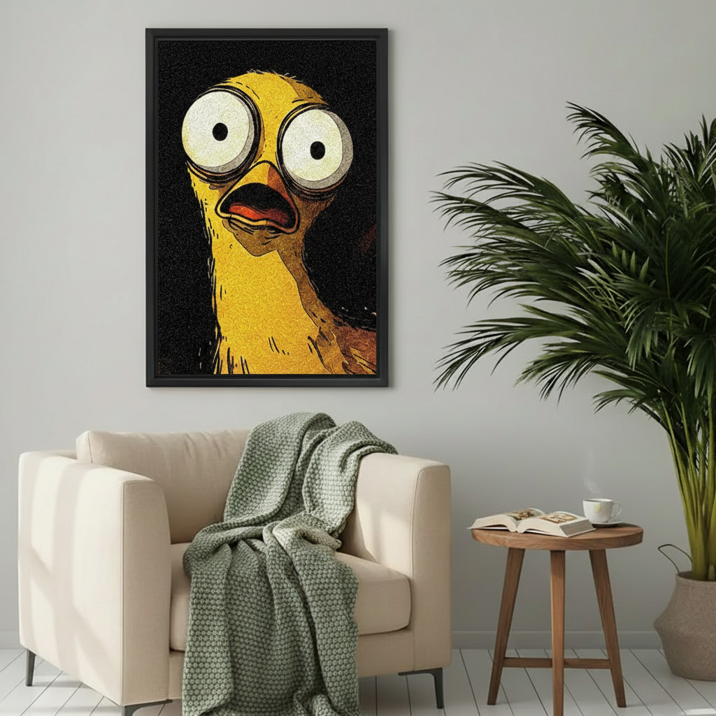 Framed funny shocked duck canvas print with dramatic black background above a cream armchair in a cozy neutral living space