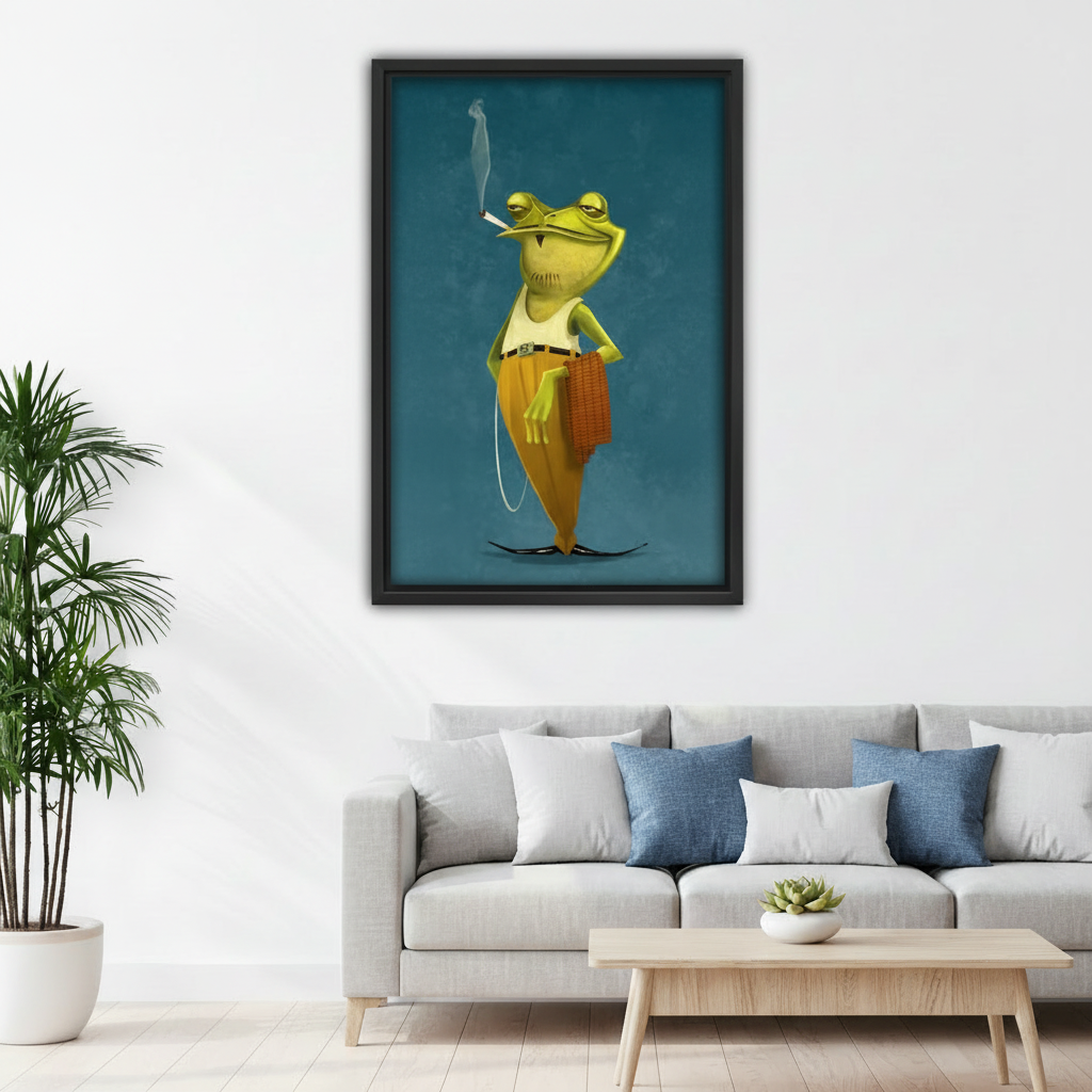  Funny smoking frog pop art canvas wall art in black float frame above gray sofa with blue pillows, teal background in Scandinavian-style living room