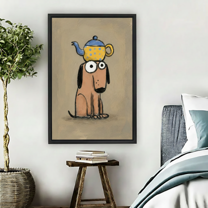 Funny teapot dog whimsical canvas art without frame displayed in cozy bedroom