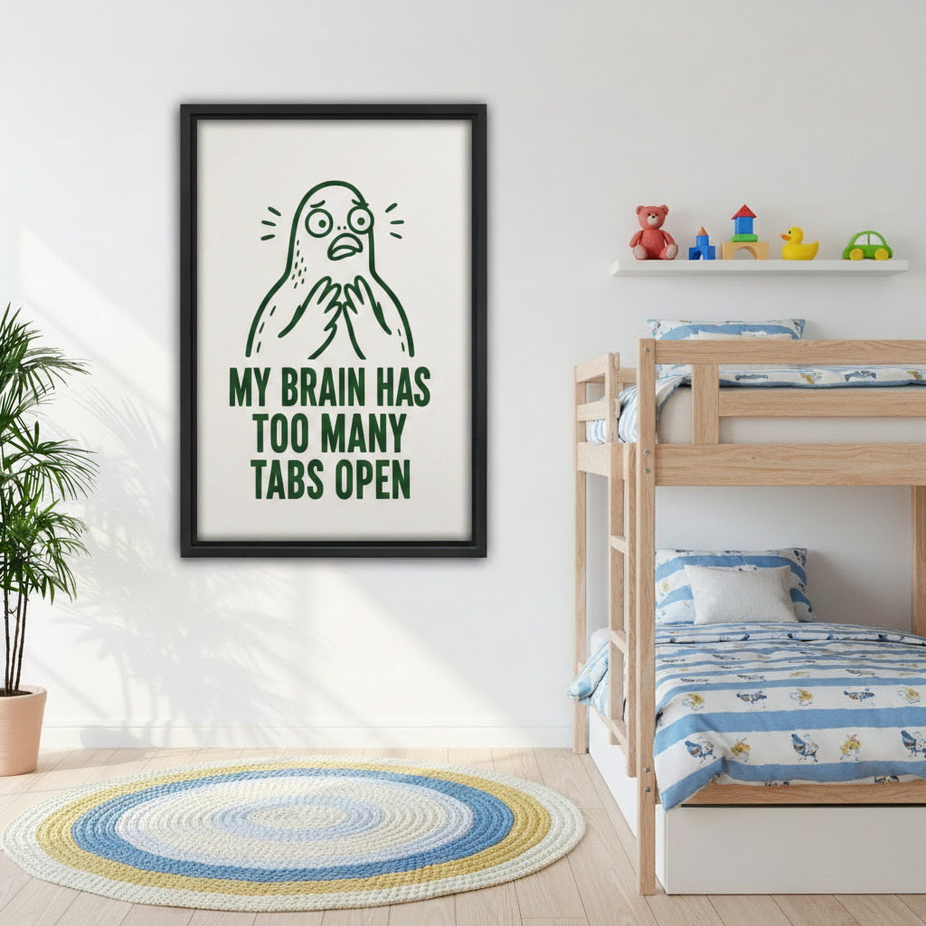 Funny too many tabs canvas wall art in black frame on kids room wall beside wooden bunk bed with round rug