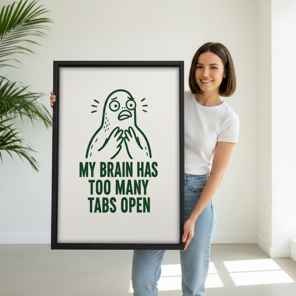 Smiling woman holding large funny too many tabs framed canvas wall art showing size in bright white studio