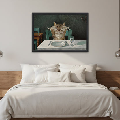 Framed vintage cat dinner wall art hanging over a white bed with wooden headboard and pillows