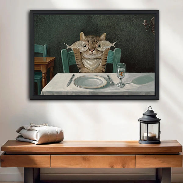Funny vintage cat dinner canvas wall art framed above a wooden bench with black candle lantern