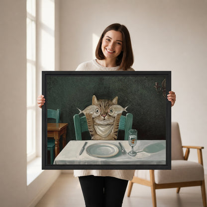 Smiling woman holding framed cat dinner canvas wall art showing tabby with fish over eyes