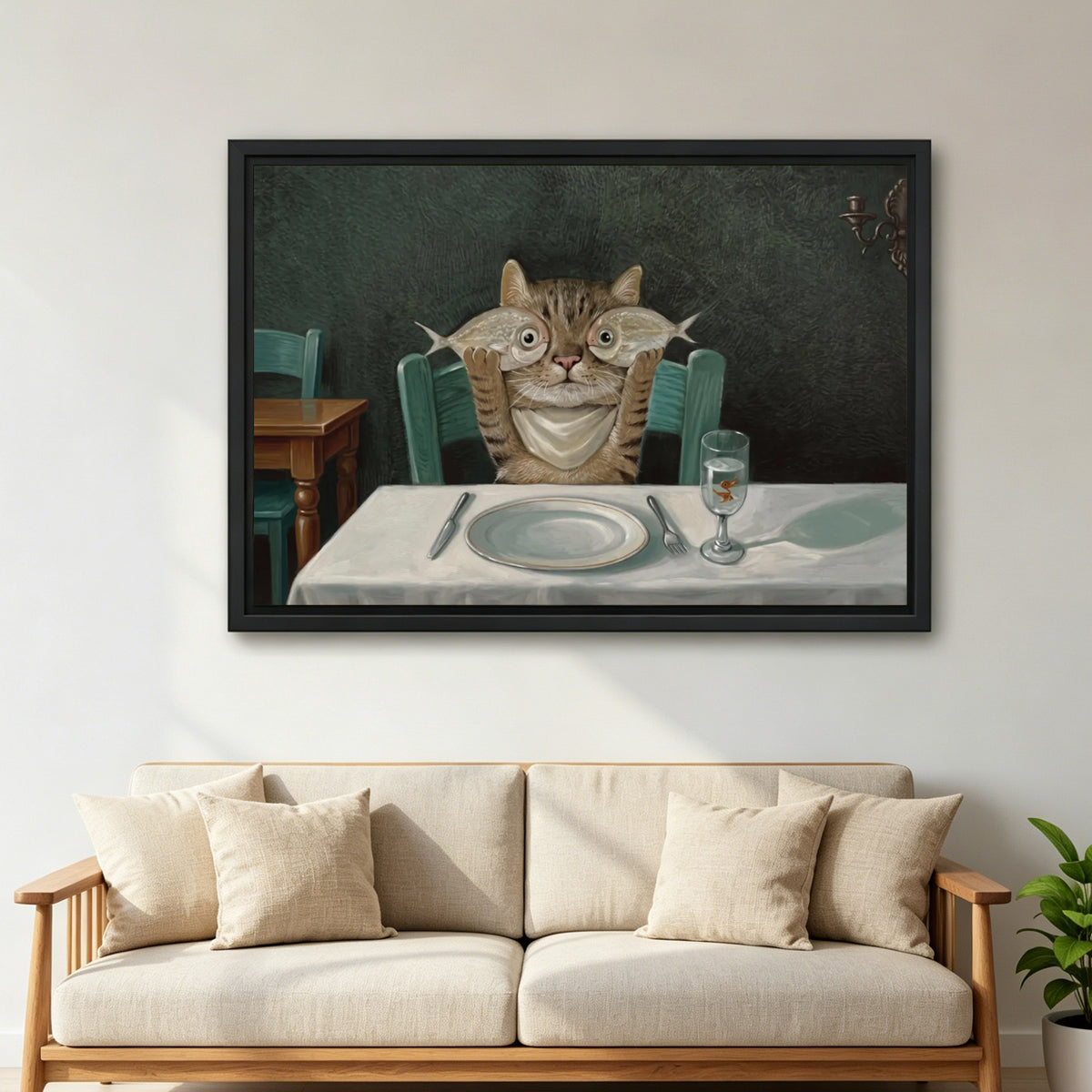 Large framed funny cat dinner canvas wall art above a beige sofa with linen cushions