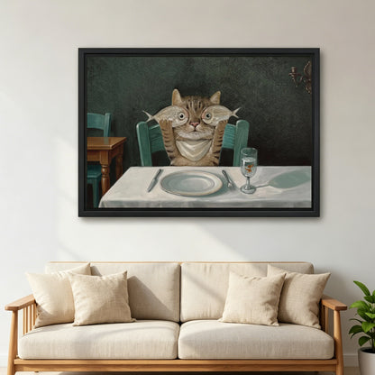 Large framed funny cat dinner canvas wall art above a beige sofa with linen cushions