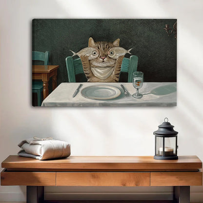 Gallery-wrap vintage cat dinner canvas wall art with frameless edges over a wooden console
