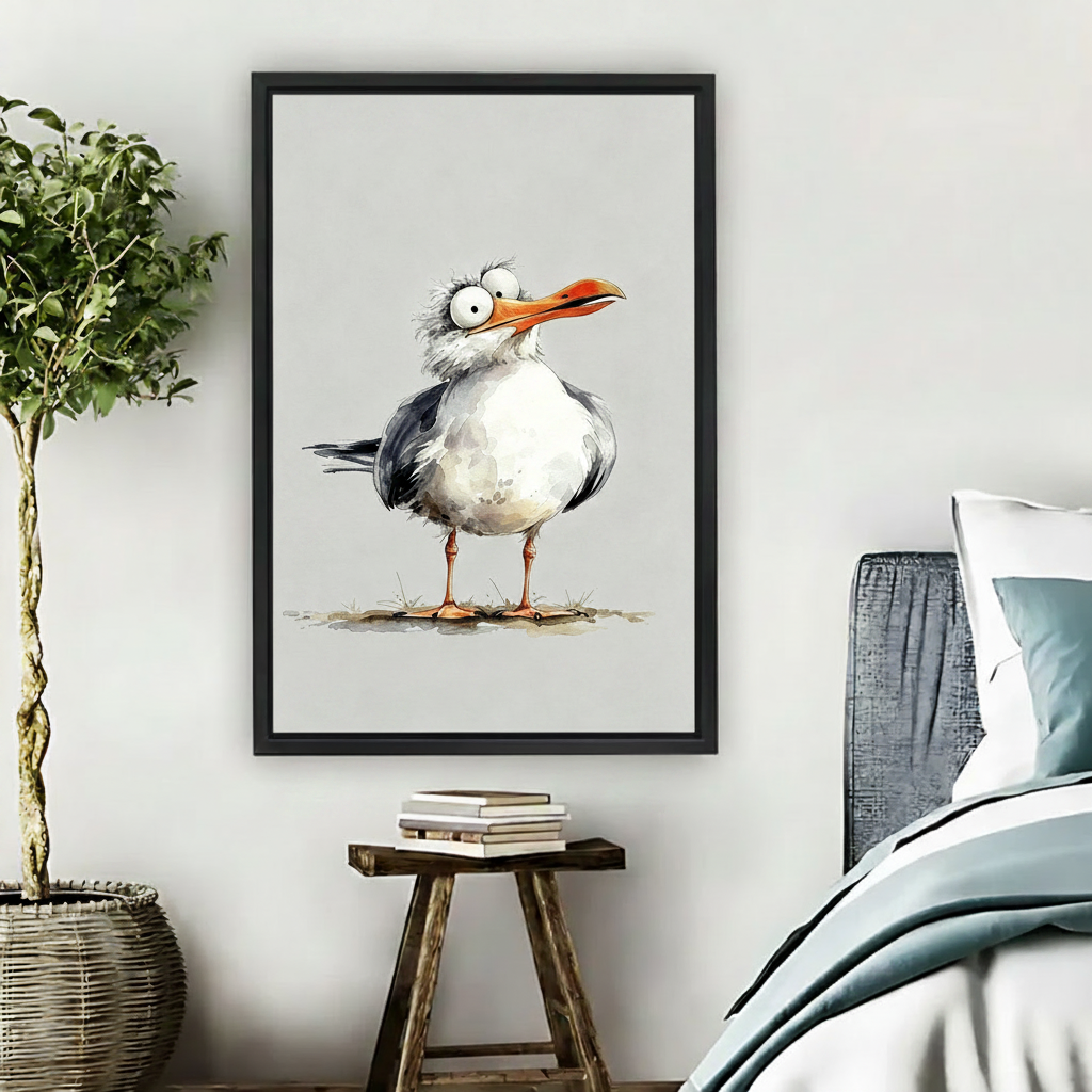 Watercolor cartoon seagull framed canvas bedroom wall art beside wooden stool coastal humor print