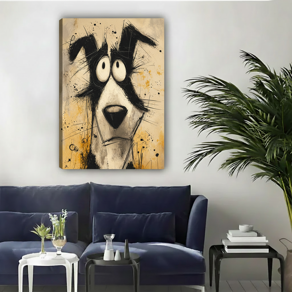 Gallery-wrapped abstract dog canvas wall art featuring bold black strokes on a warm cream background