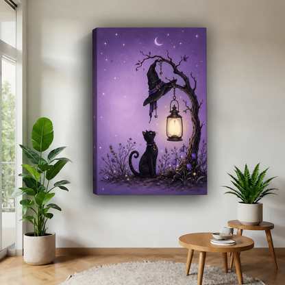 Gallery-wrap black cat and witch hat canvas wall art pairs a crescent moon with a lavender starry sky.