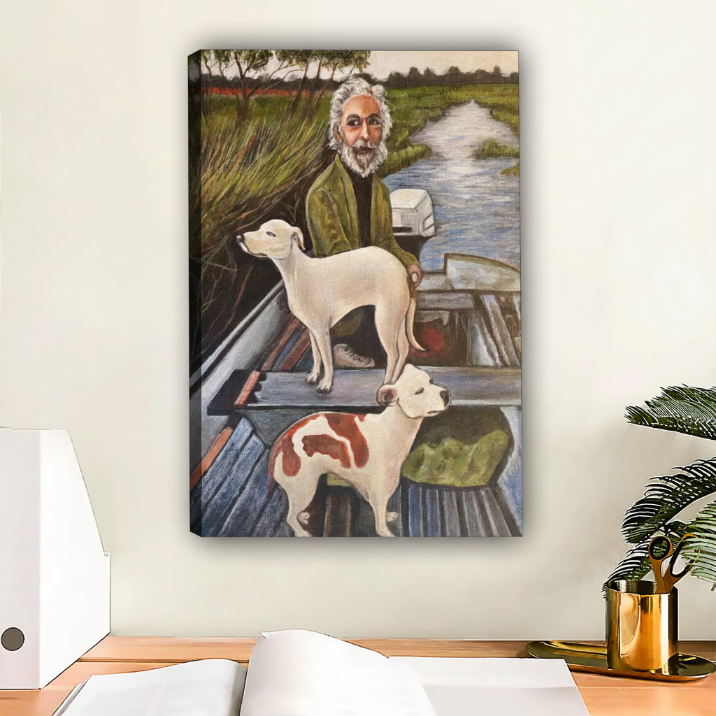 Man & Dogs on Boat Framed Canvas Wall Art Print|Liberty Signs #L1669