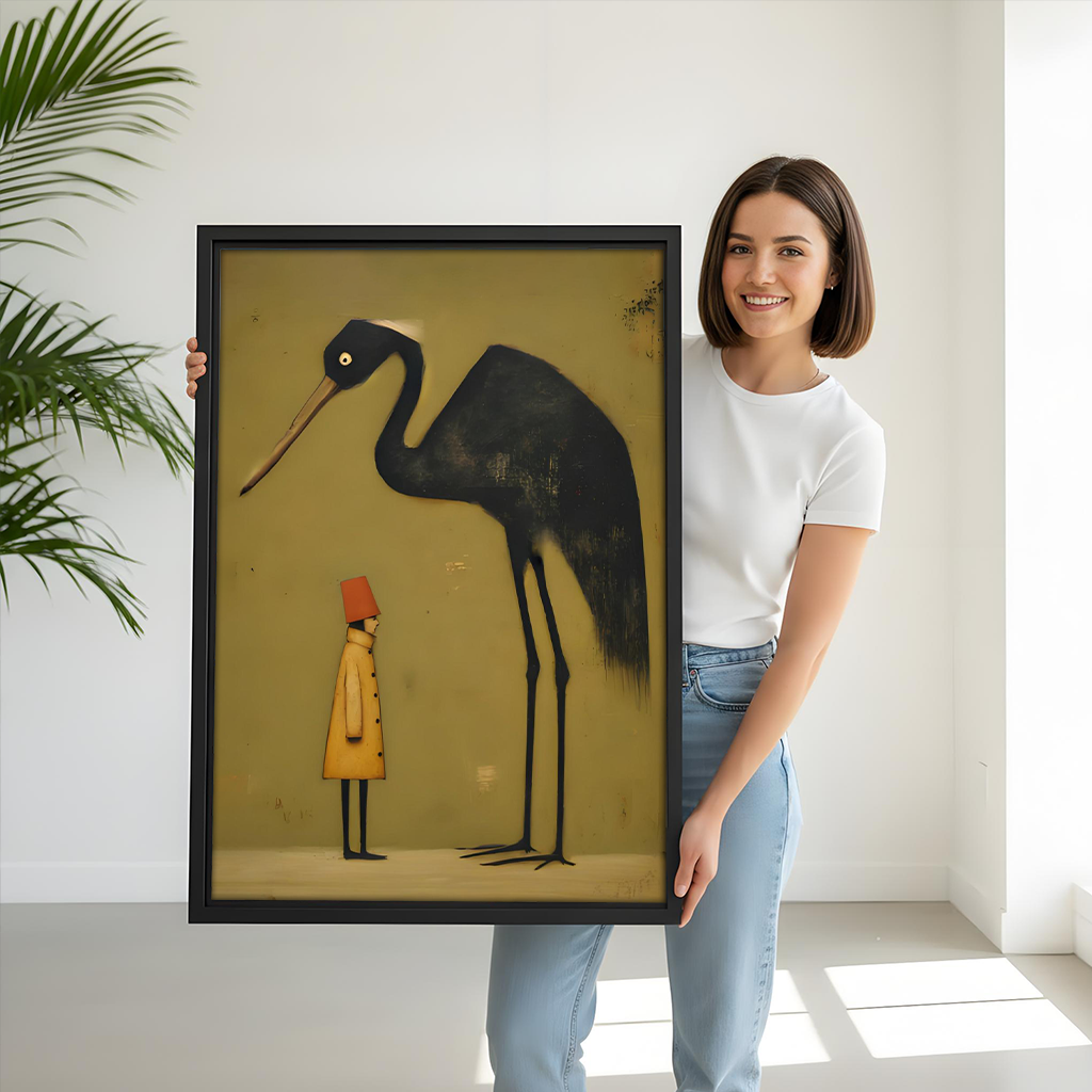 Gallery-wrap crane and child canvas wall art shown above a wooden console in a modern dining room.