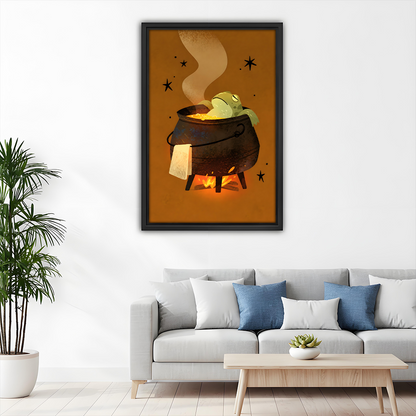 Gallery-wrap whimsical frog cauldron canvas wall art above a wooden console with a lantern.