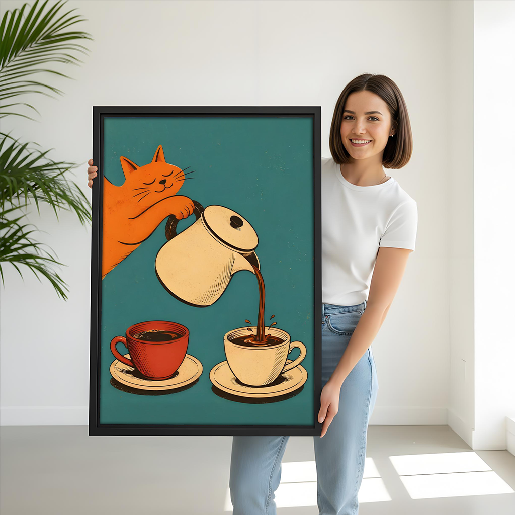 Gallery-wrap playful cat coffee canvas wall art displayed above a dining console.