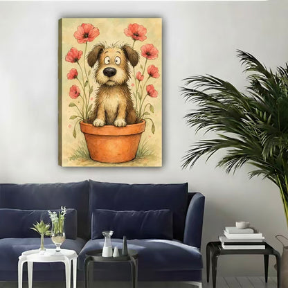 Gallery-wrapped puppy flower pot canvas art with red flowers and a warm watercolor-style background
