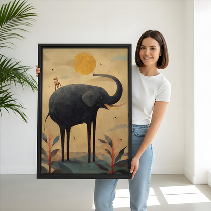 Gallery-wrap surreal black elephant canvas wall art displayed above a wooden console in a modern dining room.