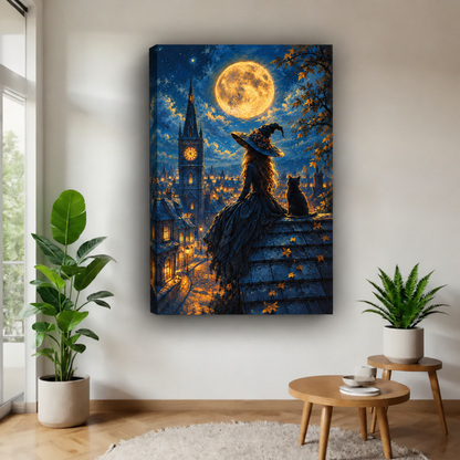 Gallery-wrap witch and black cat canvas wall art features a moonlit rooftop, clock tower, and autumn leaves.