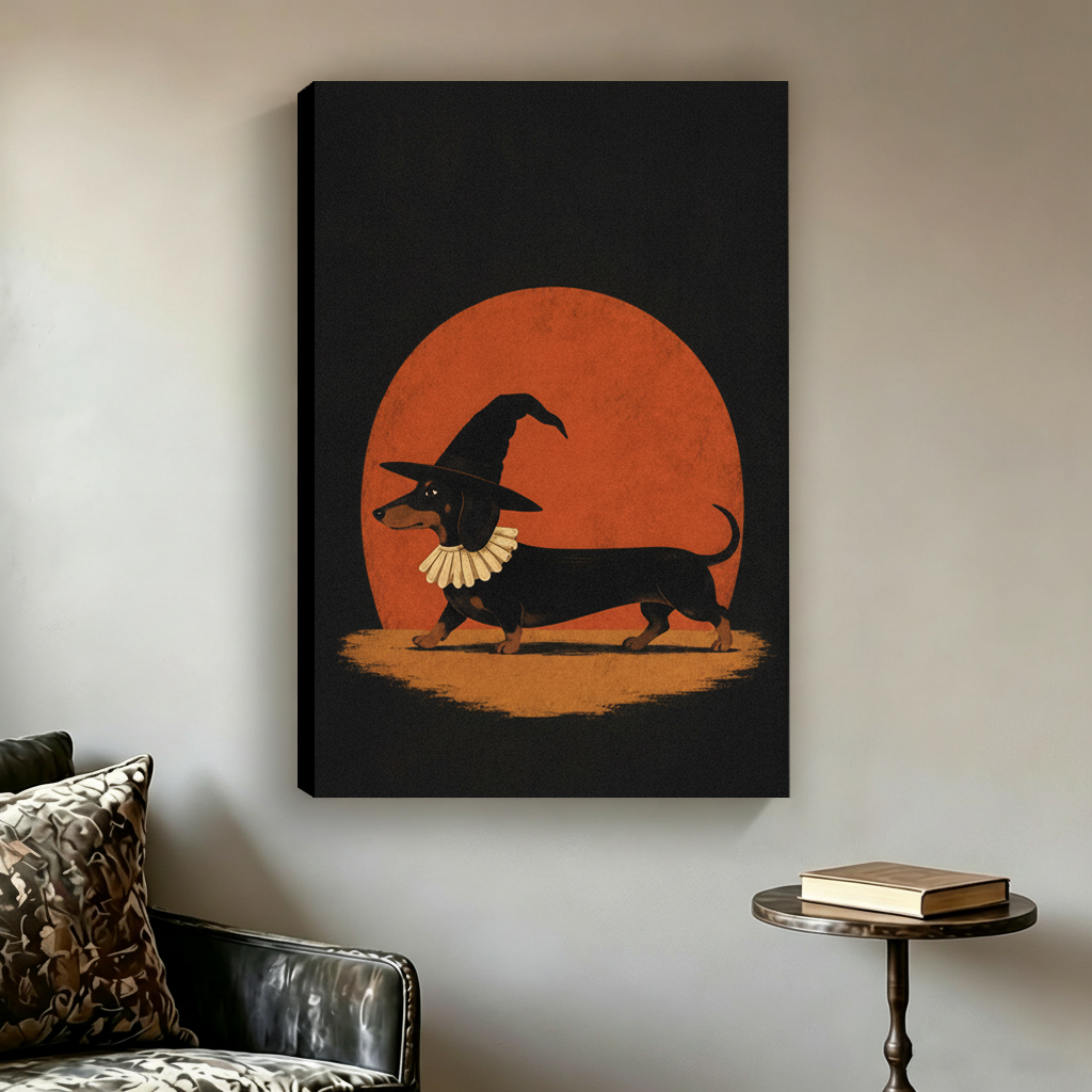 Gallery-wrapped witch dachshund Halloween canvas wall art displayed beside a black leather chair and table.