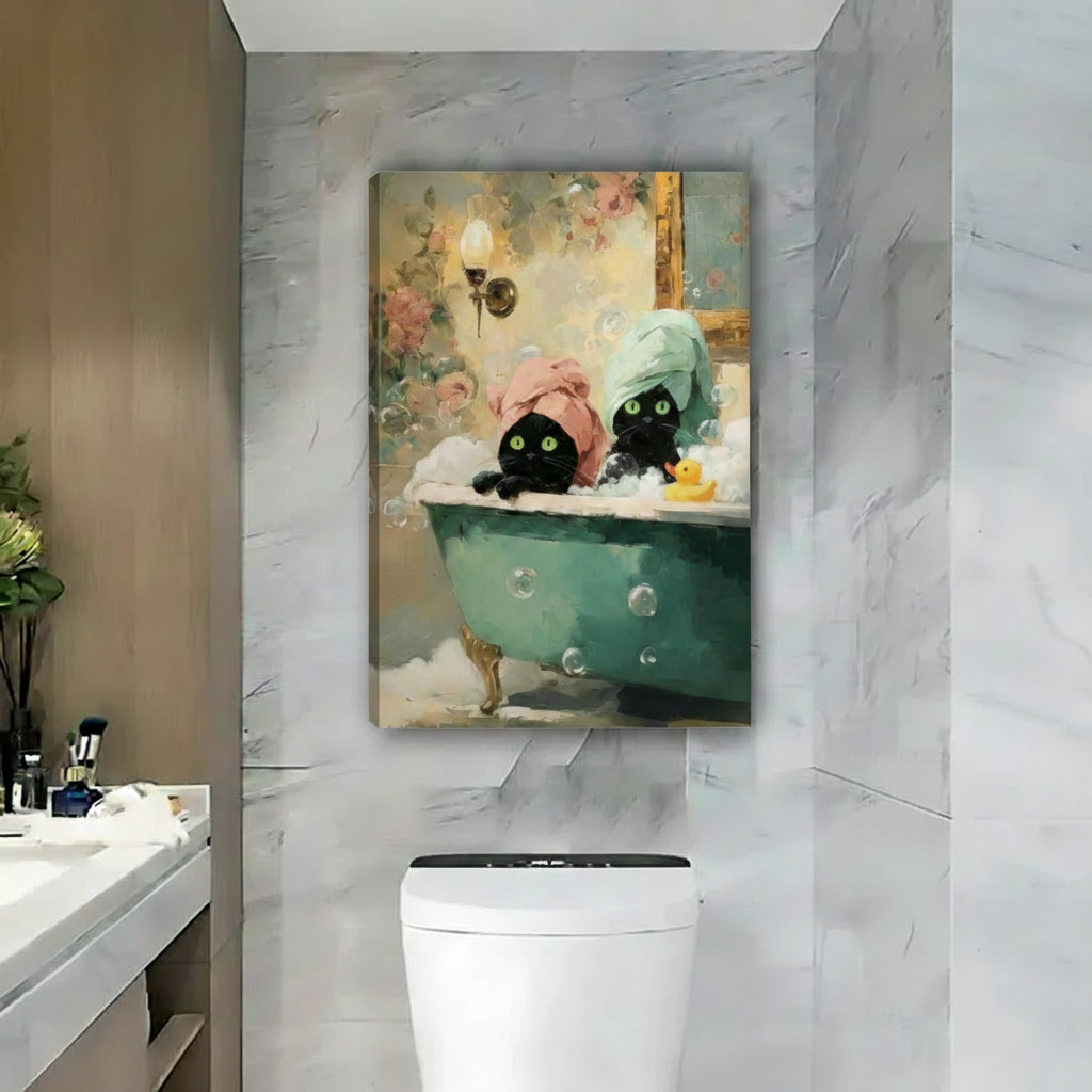 Black cats bubble bath gallery wrap canvas wall art displayed in luxury marble bathroom