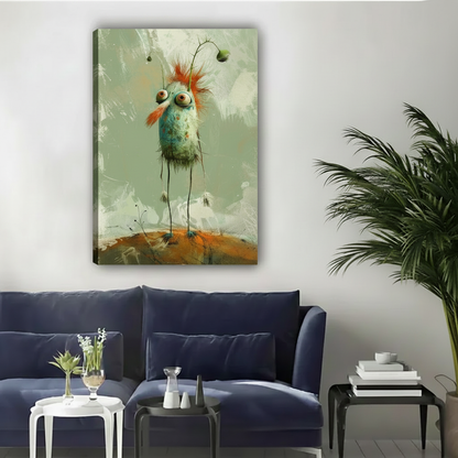 Gallery-wrap whimsical long-legged bird canvas wall art featuring turquoise feathers and an orange crest.