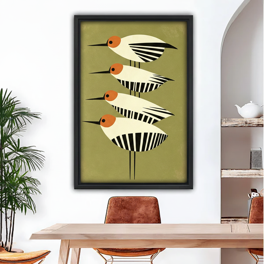 geometric bird canvas wall art framed in black float frame displayed above dining table