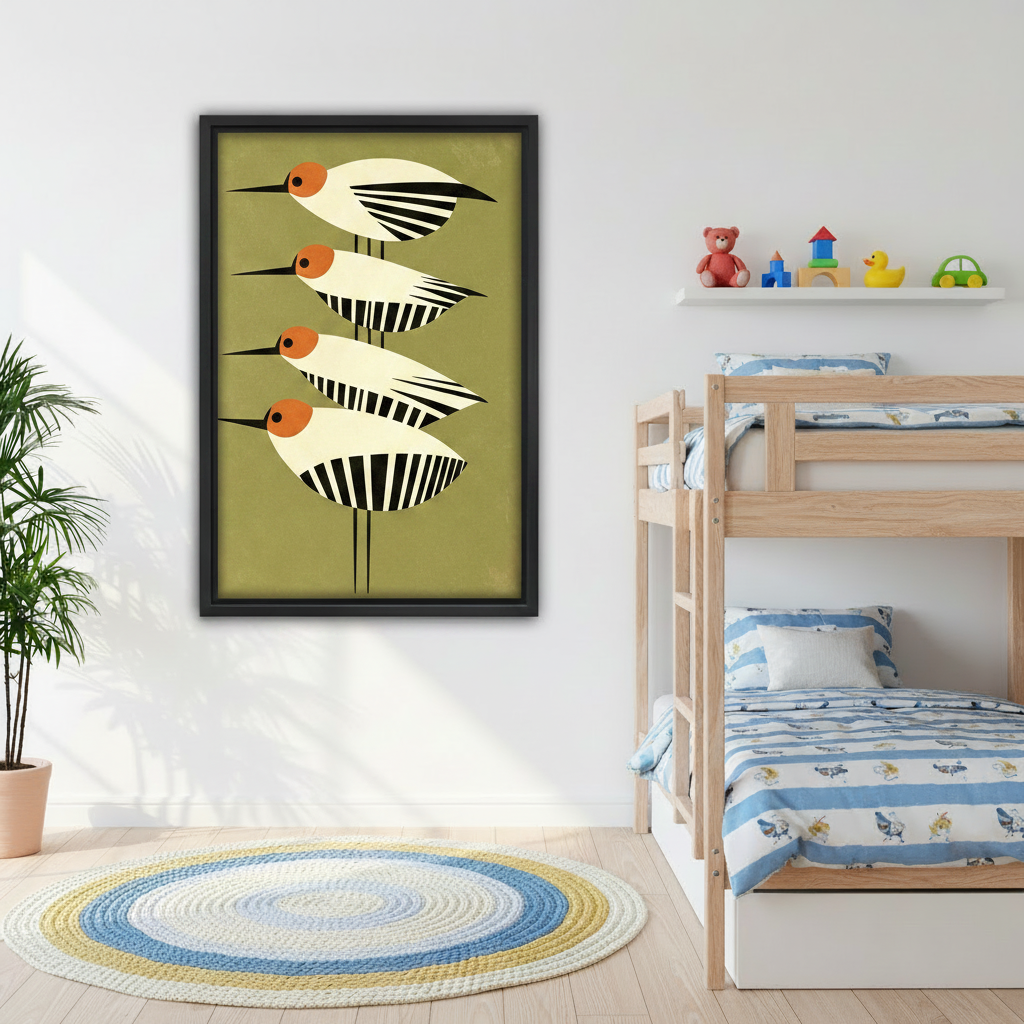 mid-century modern geometric bird framed canvas wall art in kids bedroom above bunk bed