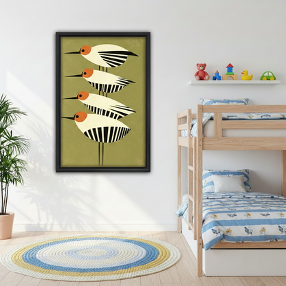 mid-century modern geometric bird framed canvas wall art in kids bedroom above bunk bed