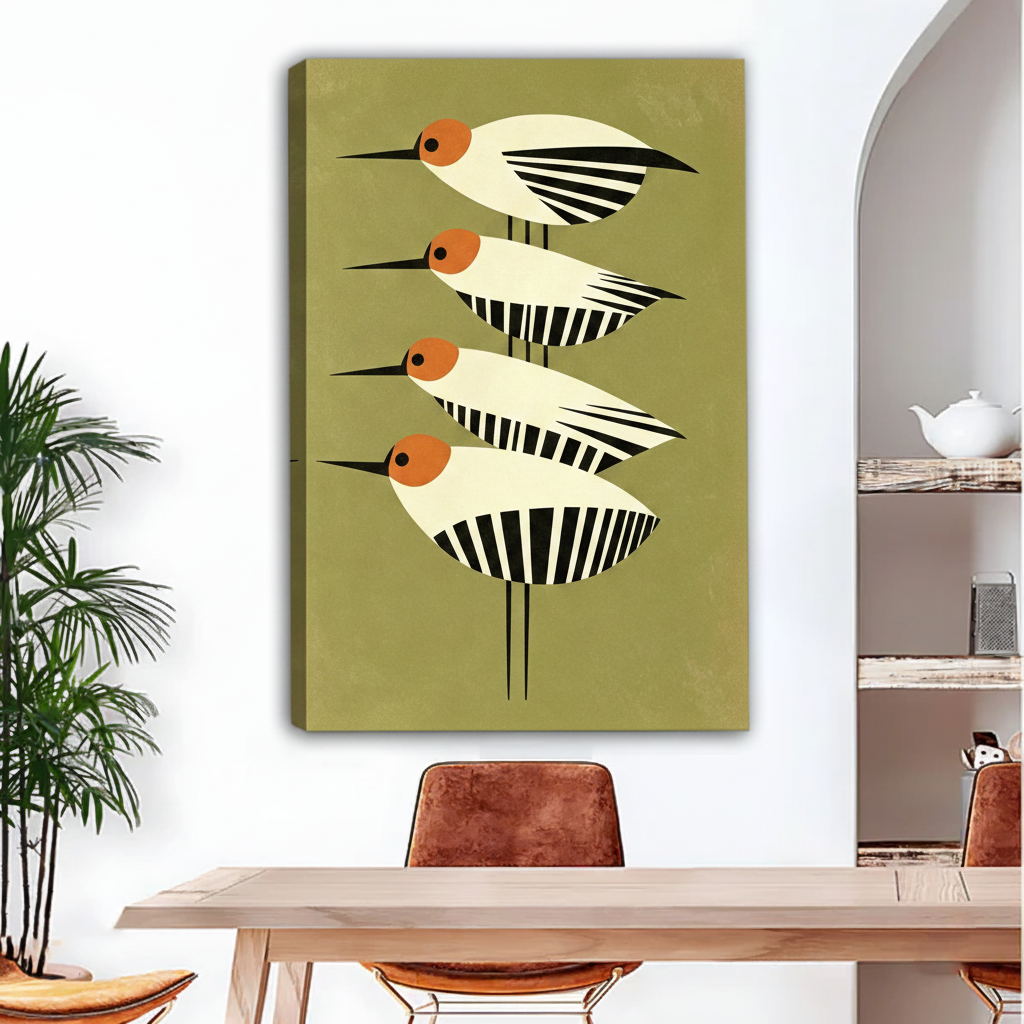 mid-century modern geometric bird canvas wall art gallery wrap above wooden dining table