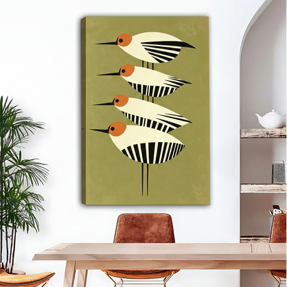 mid-century modern geometric bird canvas wall art gallery wrap above wooden dining table