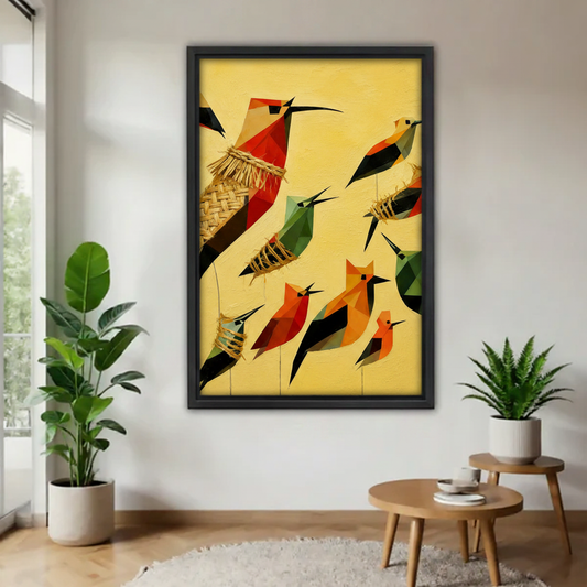 Geometric folk art bird canvas print in bold red orange and green on yellow background, black frame, modern living room wall decor