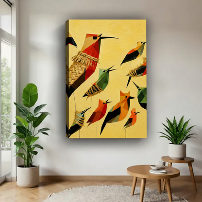 Close-up of colorful geometric birds with woven nests, vibrant folk style canvas wall art print