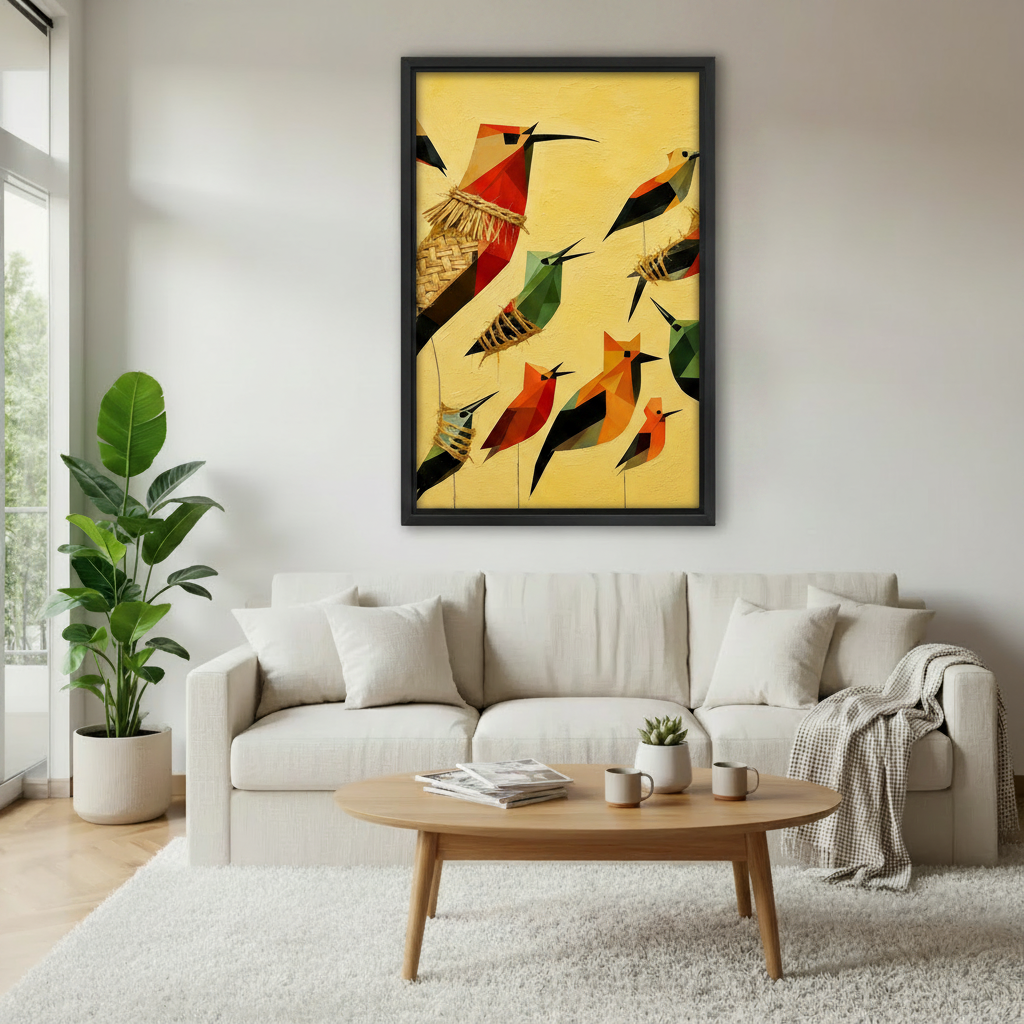 Frameless gallery wrap canvas of geometric folk birds on yellow background, thick edge wall art