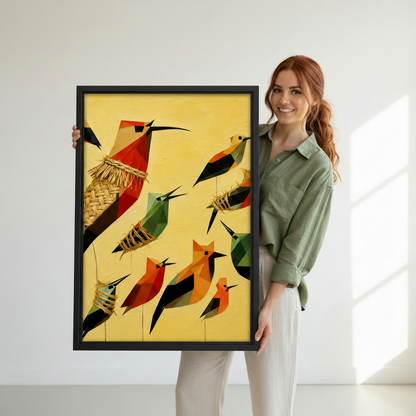 Woman holding large black framed geometric bird canvas print, bold folk art wall decor
