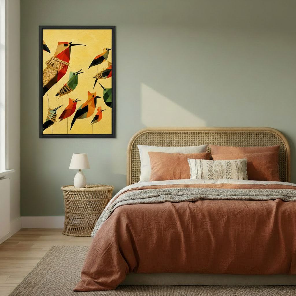 Geometric bird canvas print in black frame above rattan bed, sage green bedroom wall art