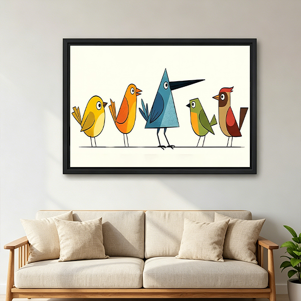Black-framed geometric birds canvas wall art above white bedding and a wooden headboard, featuring playful retro bird shapes.