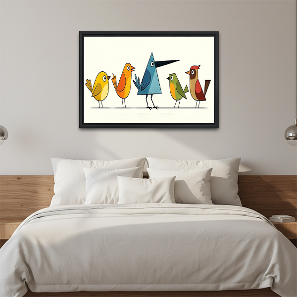 Geometric birds canvas wall art in a black frame above a wooden console table with a lantern.