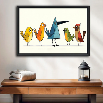 Gallery-wrapped geometric birds canvas wall art above a wooden console table, featuring five colorful birds on cream.