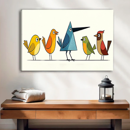 Black-framed mid-century geometric birds canvas wall art above a cream sofa with wooden arms and neutral cushions.