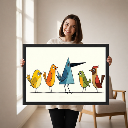 Woman holding black-framed geometric birds canvas wall art with five colorful birds, including a tall triangular blue bird.