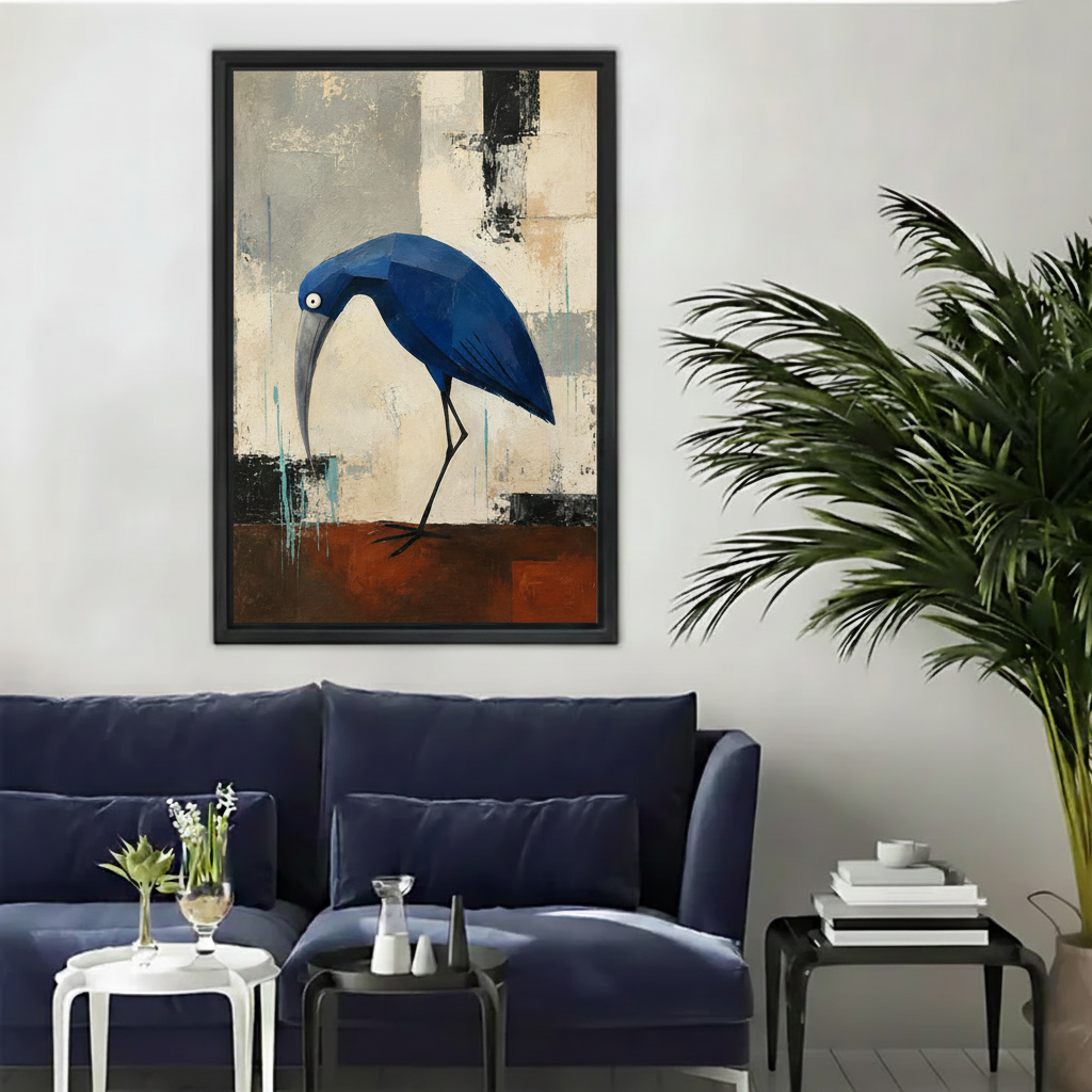 Geometric blue heron abstract framed canvas wall art in black frame above cream armchair in modern living room