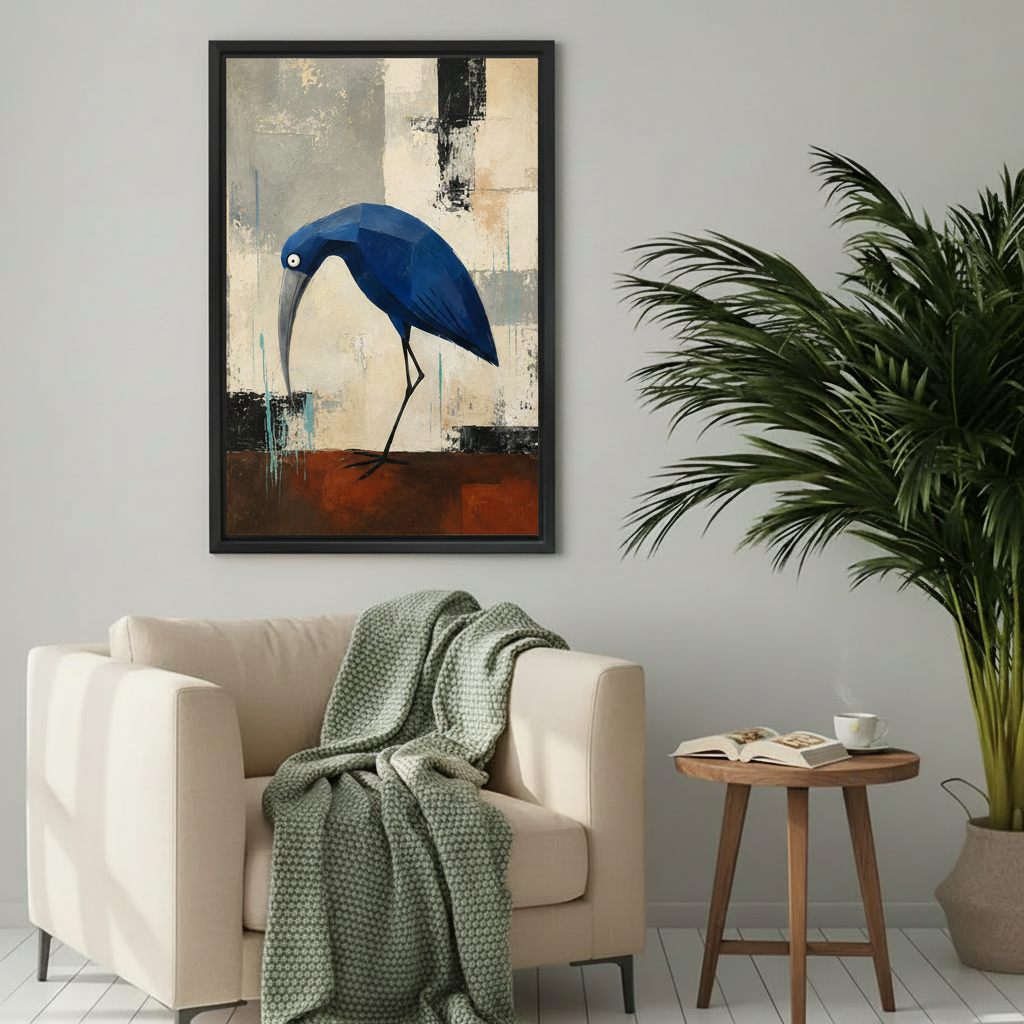 Geometric blue heron abstract canvas wall art framed print as bold statement piece in modern bedroom decor