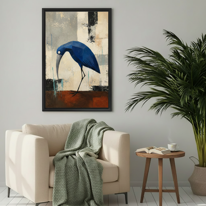 Geometric blue heron abstract canvas wall art framed print as bold statement piece in modern bedroom decor
