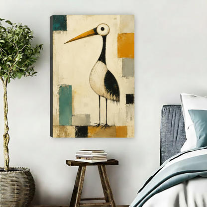 Geometric crane bird canvas art without frame mounted on bedroom wall