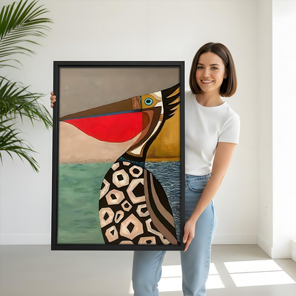 Smiling woman holding a large framed geometric pelican canvas wall art print with bold red pouch and teal coastal background